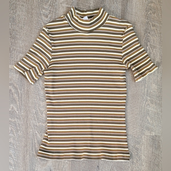 90s Striped Ruffled Moc Turtleneck Tee Womens L Brown Cream Green Ribbed Stretch - Picture 5 of 12